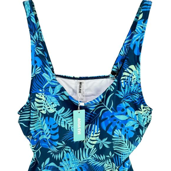 Aqua Eve Tankini Top Women L Blue Tropical Leaves Ruched Tummy Control Beach - Picture 4 of 15